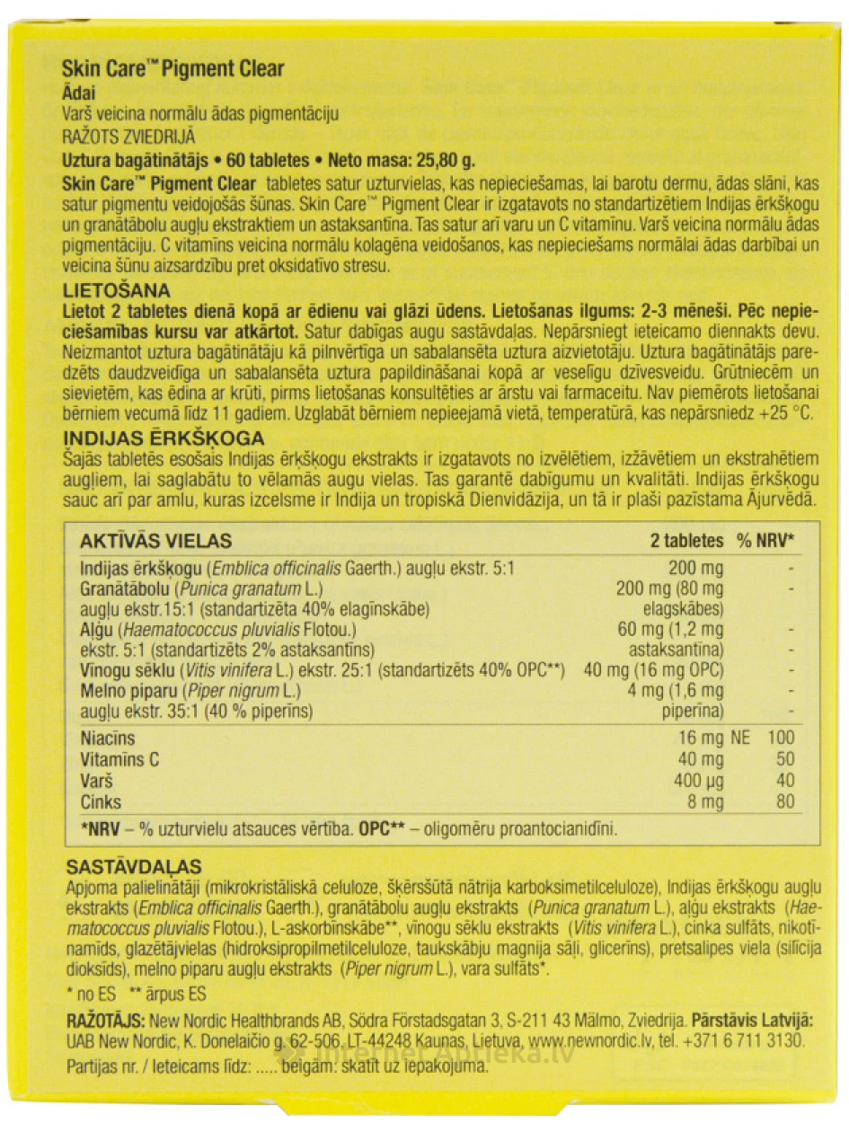 New Nordic Skin Care Pigment Clear, 60 таблеток | internetaptieka.lv