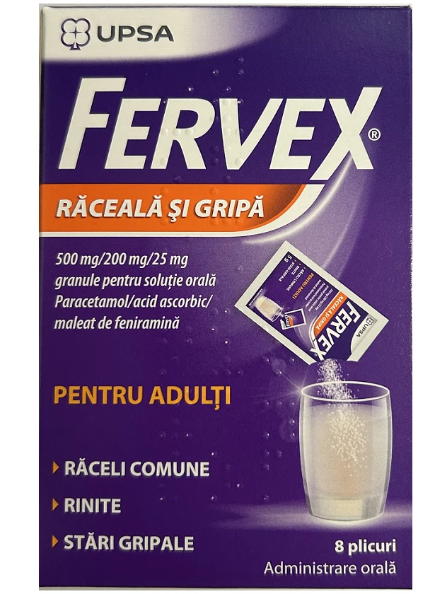 FERVEX pret saaukstēšanos un gripu pieaugušajiem 500 mg/200 mg/25 mg granulas iekšķīgi lietojama šķīduma pagatavošanai