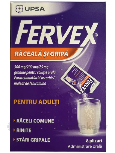 Fervex pretsaukstēšanos un gripu pieaugušajiem 500mg/200mg/25mg, 8 paciņas | internetaptieka.lv