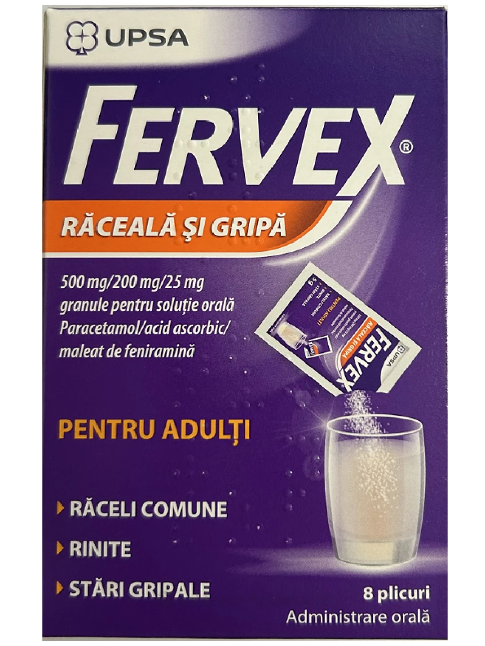 Fervex pretsaukstēšanos un gripu pieaugušajiem 500mg/200mg/25mg, 8 paciņas | internetaptieka.lv