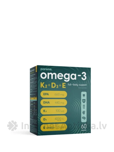 Parene OMEGA-3 kalaõli + vitamiinid D3 + K2 + E kapslid, 60 tk. | internetaptieka.lv