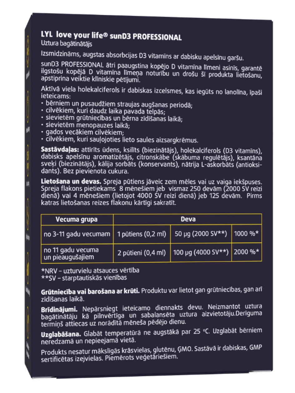 LYL sunD3 PROFESSIONAL 4 000 IU | 2 000 IU, pihusti, 50 ml | internetaptieka.lv