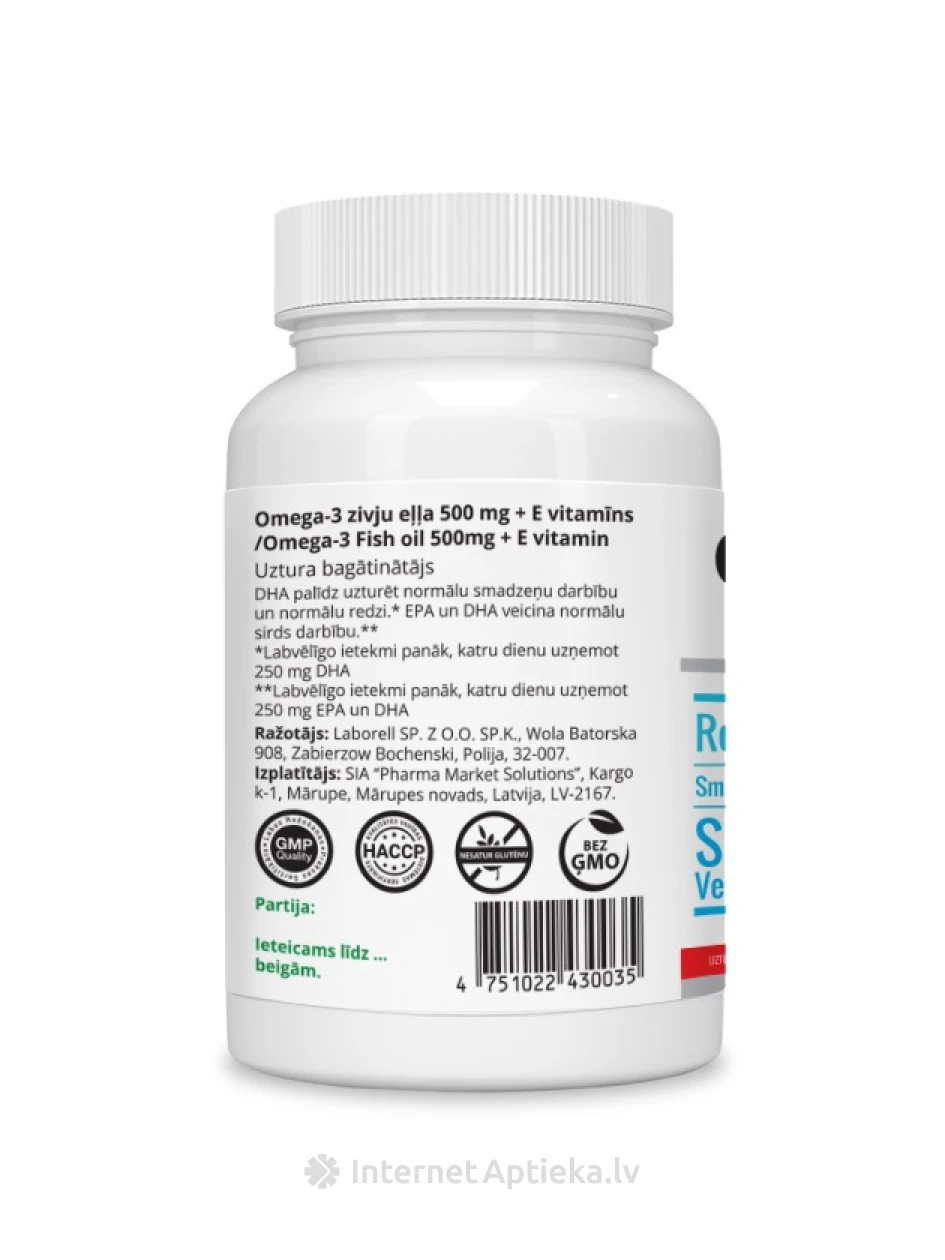 Omega-3 kalaõli 500 mg + E-vitamiin, 30 kapslit | internetaptieka.lv