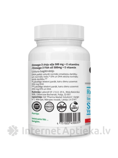 Omega-3 kalaõli 500 mg + E-vitamiin, 30 kapslit | internetaptieka.lv