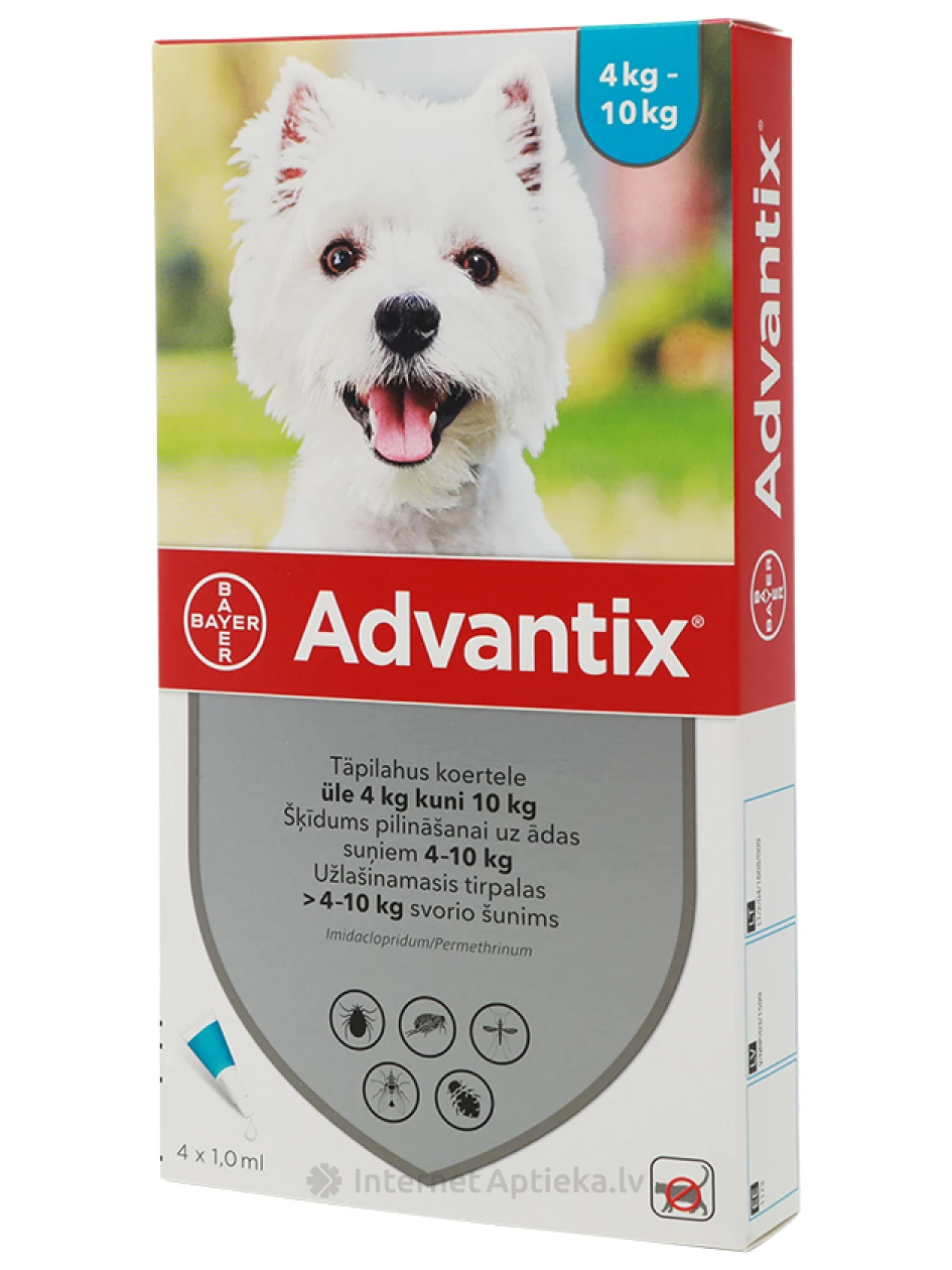Advantix 100mg šķīdums 1ml suņiem 4-10kg, 4 gb. | internetaptieka.lv