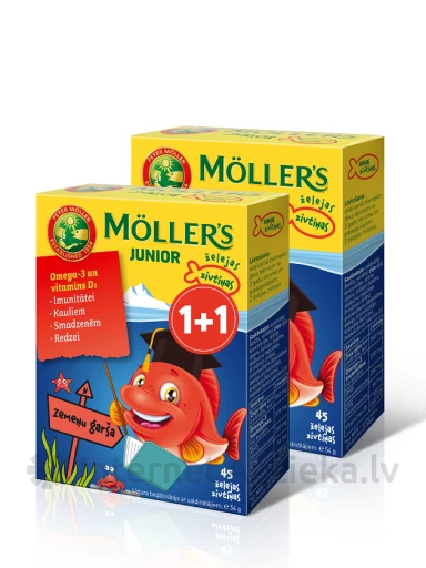 Möller′s Omega-3 Junior zivju eļļa ar zemeņu-aveņu garšu 1+1, 45*2 pastilas | internetaptieka.lv