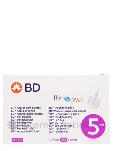 BD Thin Wall 5 MM nõel – injektor, insuliin, 0,25 mm x 5 mm, 31 g, 100 tk. | internetaptieka.lv