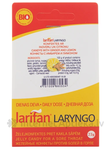 Конфеты Larifan Laryngo, имбирь и лимон, 23 г | internetaptieka.lv