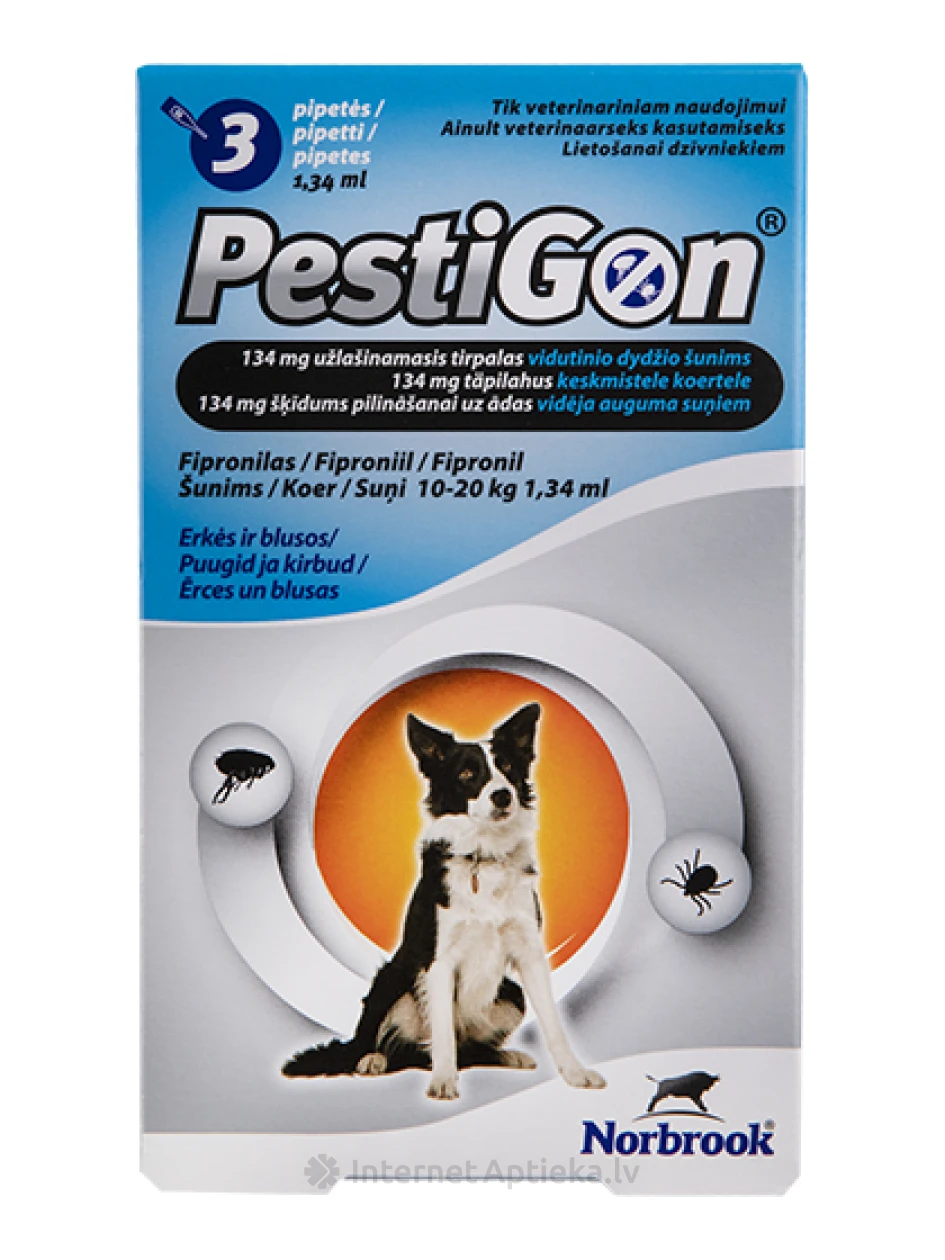 Pestigon капли от блох, клещей для собак 10-20кг, 3шт