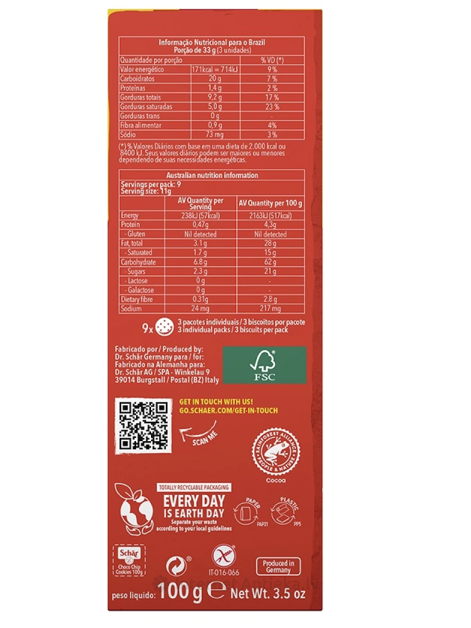 Schär Choco Chip Cookie bezglutēna cepumi ar šokolādes gabaliņiem, 100 g, 100 g | internetaptieka.lv