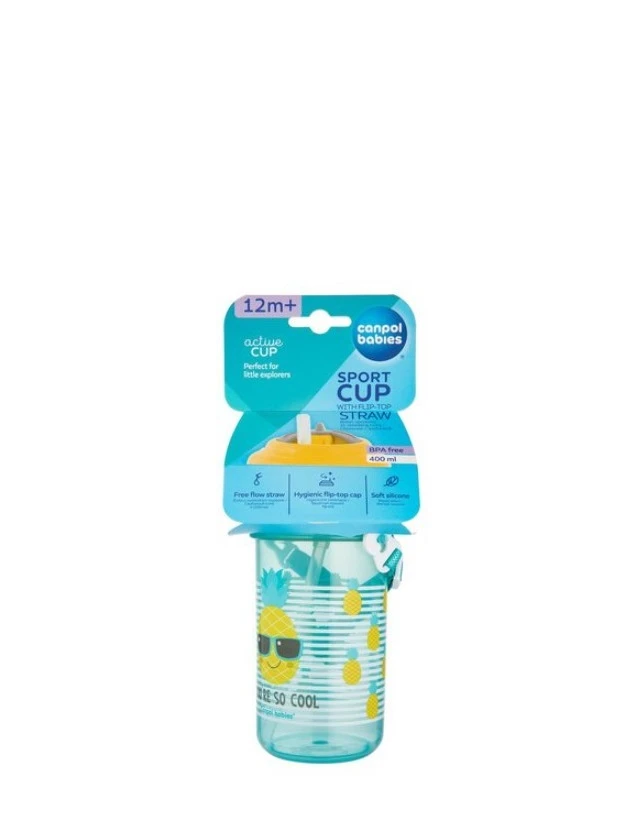 CANPOL babies sporta pudelīte ar salmiņu 12m+, dzeltena, 400 ml
