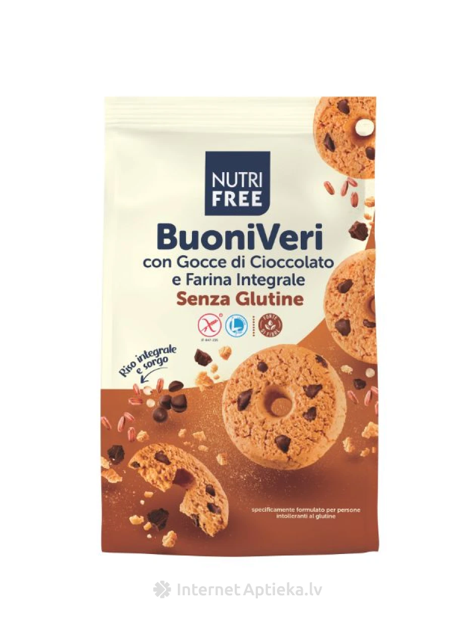 NUTRIFREE CIOCCOLATO bezglutēna pilngraudu cepumi ar šokolādes gabaliņiem, 250 g | internetaptieka.lv