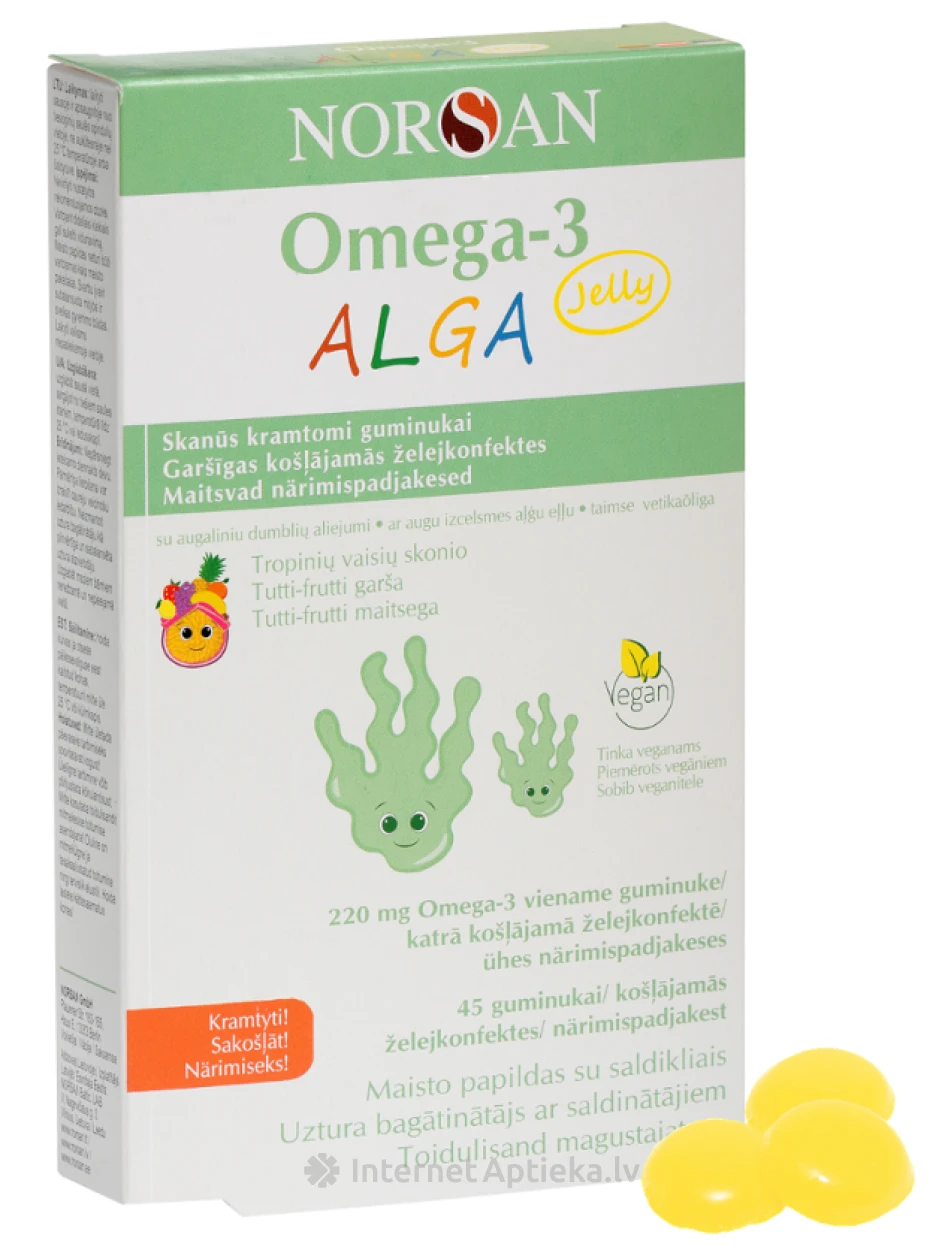 NORSAN OMEGA-3 ALGA JELLY ar ar Tutti-frutti garšu, 45 želejkonfektes | internetaptieka.lv