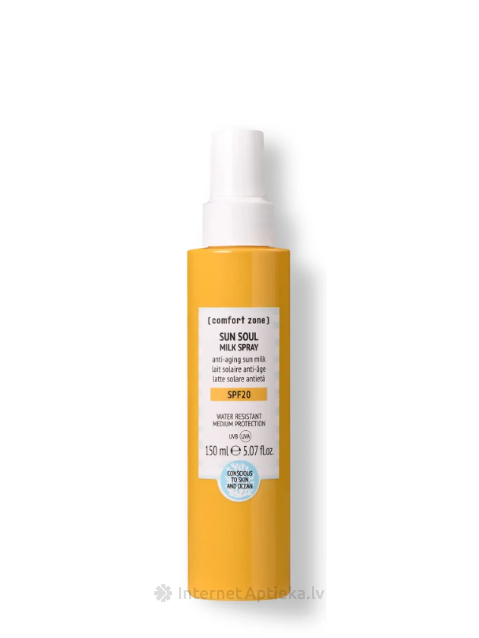 COMFORT ZONE SUN SOUL Ūdensnoturīgs saules aizsardzības pieniņš-sprejs ķermenim SPF20, 150 ml | internetaptieka.lv