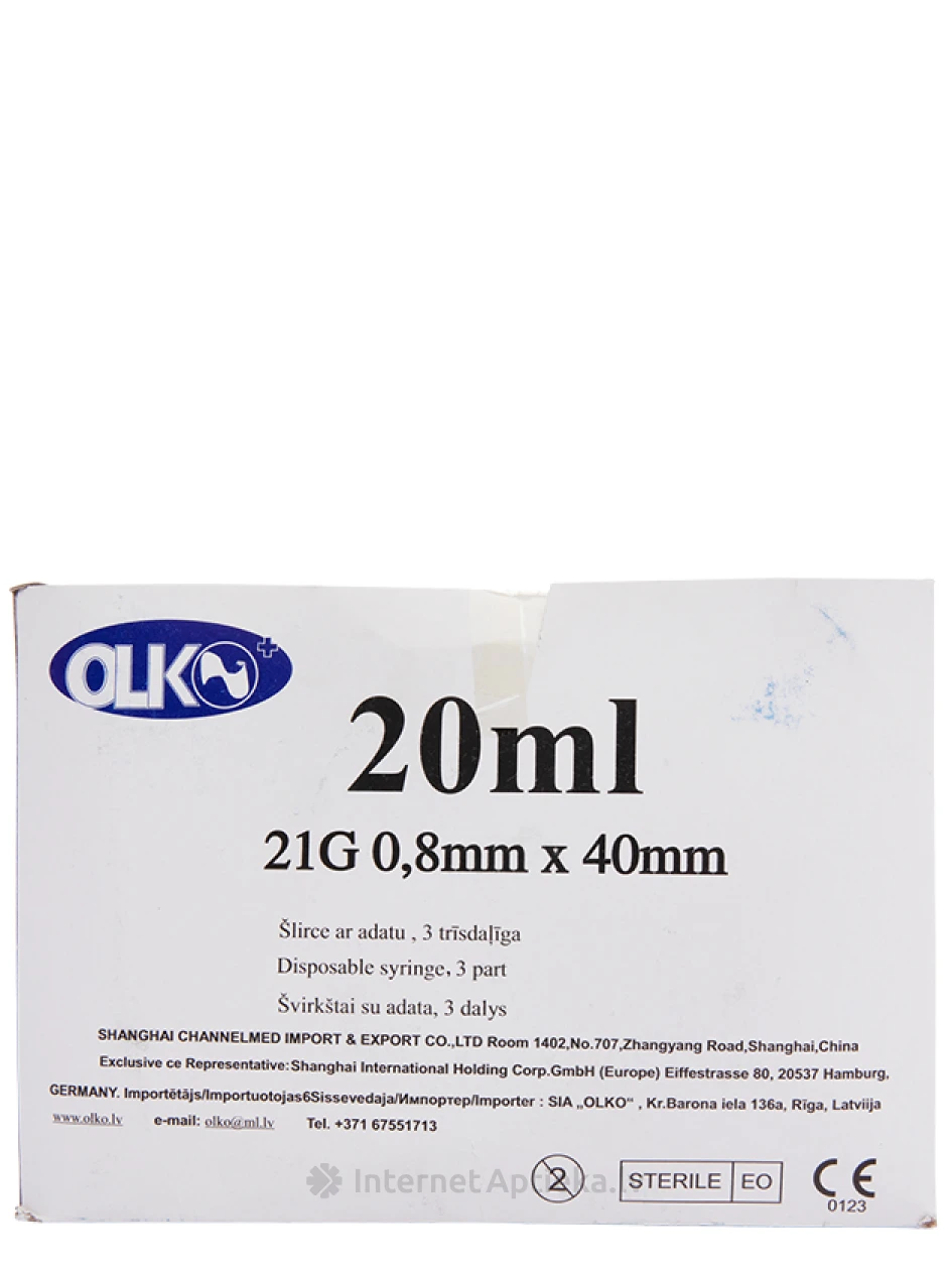 Olko Шприц 20 мл, 21 г, из 3-х частей, с иглой 0.8 х 40 мм, 50 шт. | internetaptieka.lv