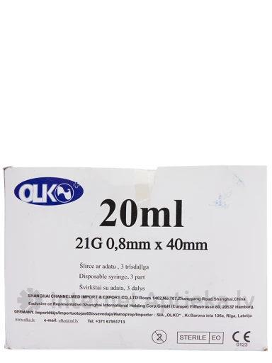 Olko Шприц 20 мл, 21 г, из 3-х частей, с иглой 0.8 х 40 мм, 50 шт. | internetaptieka.lv