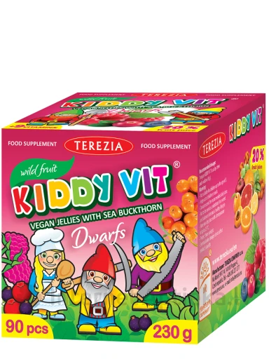 Terezia KIDDY VIT® veganmultivitamīni ar smiltsērkšķiem Rūķīši, 90 košļājamās pastilas | internetaptieka.lv
