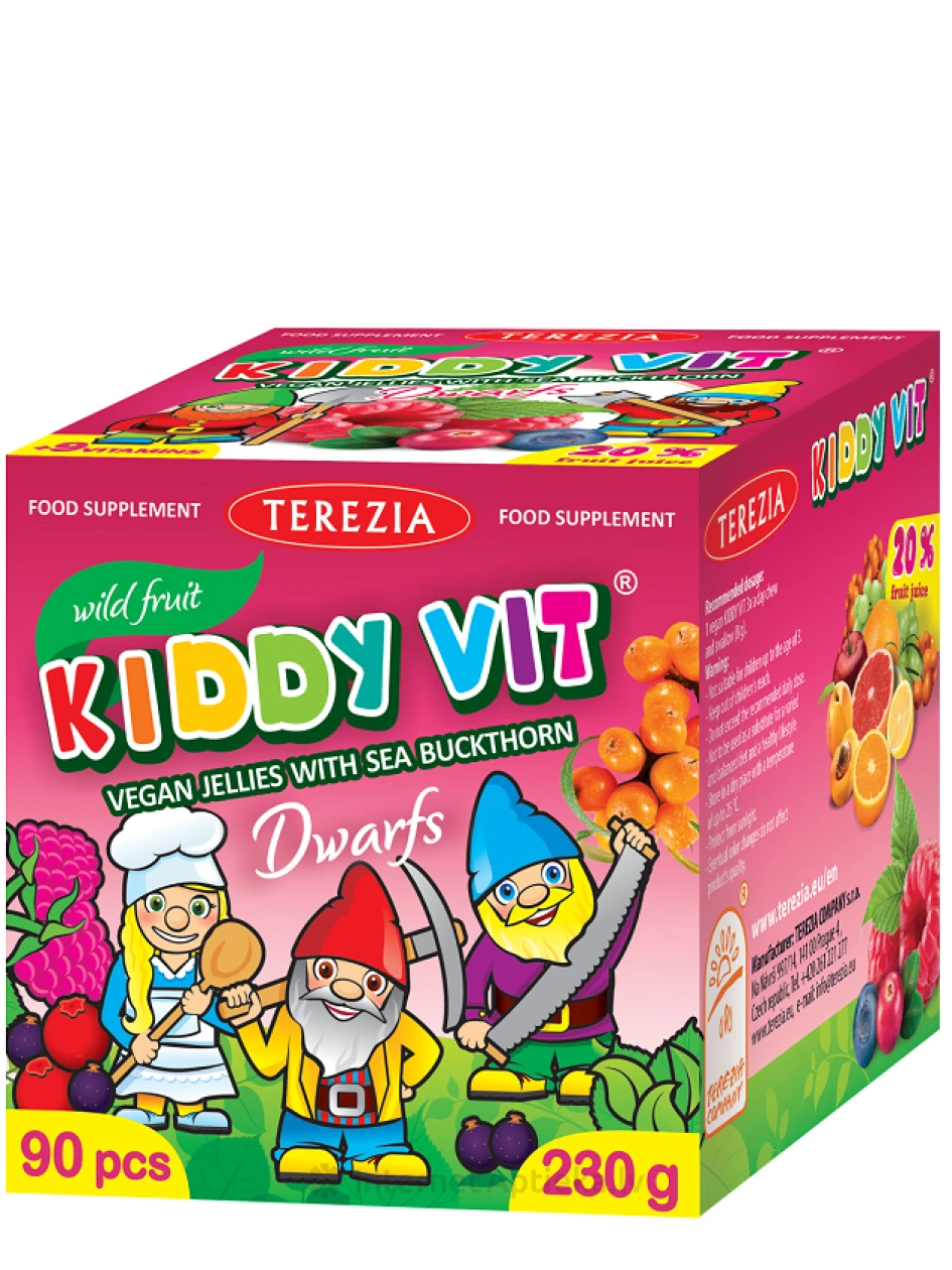 Terezia KIDDY VIT® veganmultivitamīni ar smiltsērkšķiem Rūķīši, 90 košļājamās pastilas | internetaptieka.lv