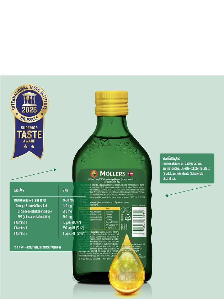 Möller's Omega-3 kalaõli sidrunimaitsega, 250 ml | internetaptieka.lv