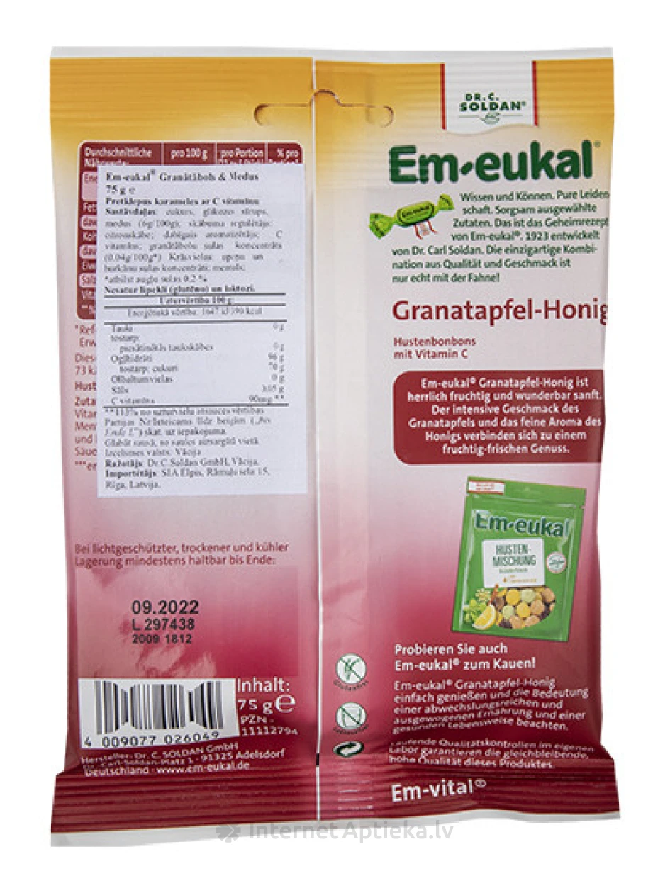 EM-EUKAL KONFEKTES GRANĀTĀBOLS UN MEDUS, 75 g | internetaptieka.lv
