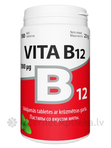 VITA B12 1000 µg Krūzmētras garša, 100 sūkājamās tabletеs | internetaptieka.lv