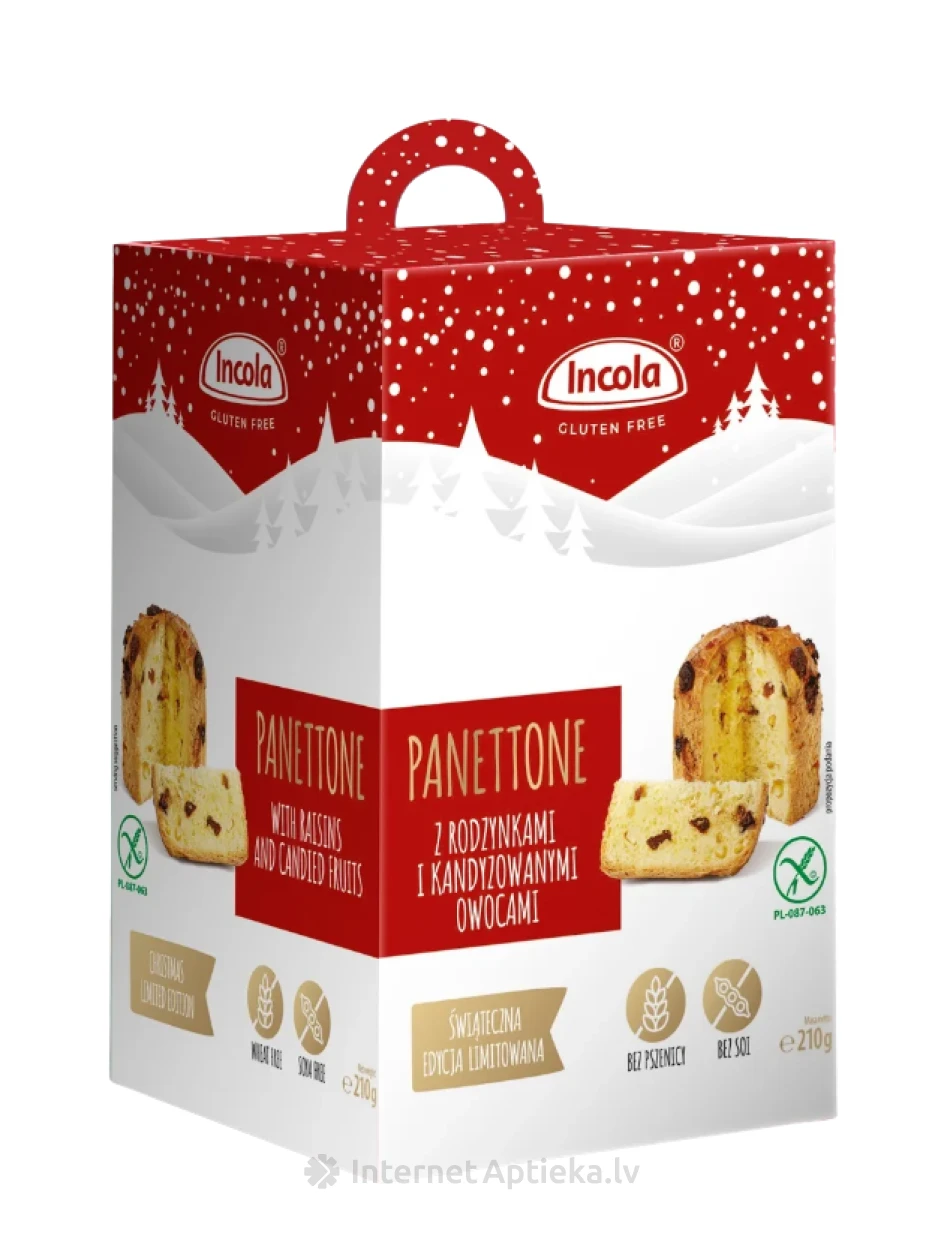 Incola Bezglutēna panetone ar rozīnēm un cukurotiem apelsīna mizas gabaliņiem, 210 g | internetaptieka.lv