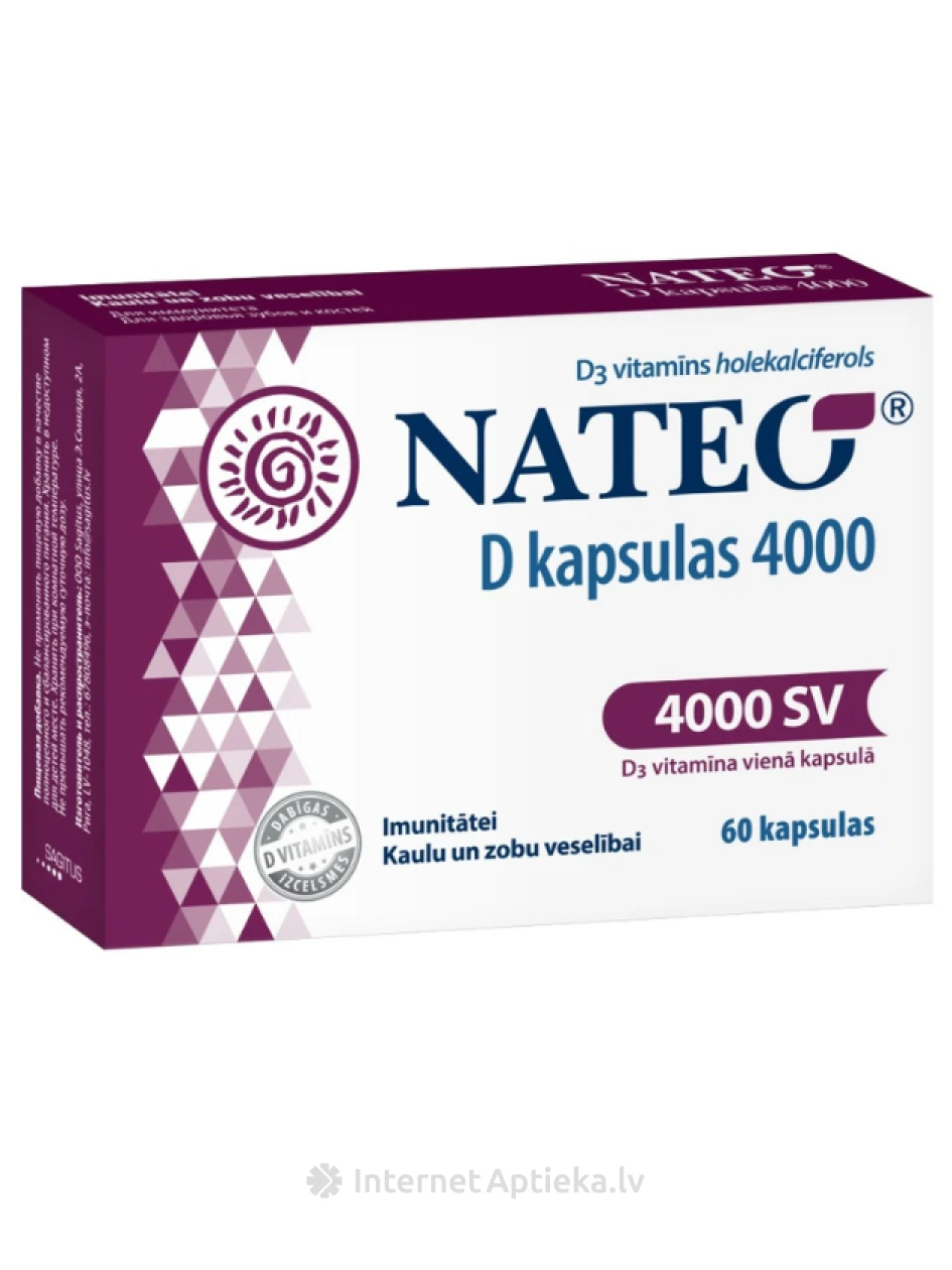 NATEO D 4000 SV D vitamīns kapsulās, 60 gab | internetaptieka.lv