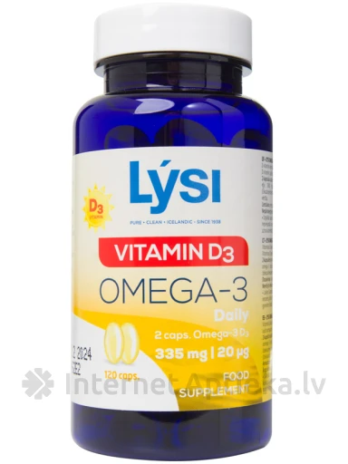 Lysi Omega-3 zivju eļļa ar D vitamīnu (Islande), 120 kapsulas | internetaptieka.lv